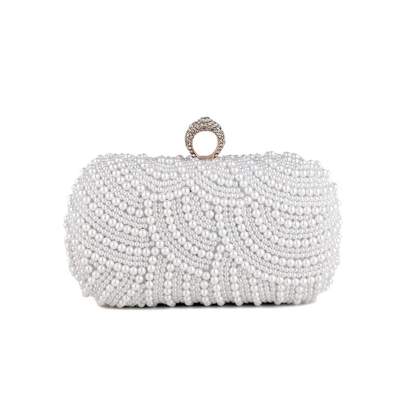 Beaded Women Evening Bags Pearl Finger Ring Day Clutch Wedding Bridal Handbags Full Pearl Embroidery Holder Purse