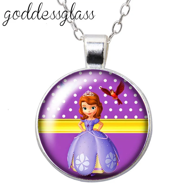 هدية الأميرات صوفيا للبنات كابوشون زجاجي مطلي بالفضة/قلادة كريستالية مجوهرات للأطفال