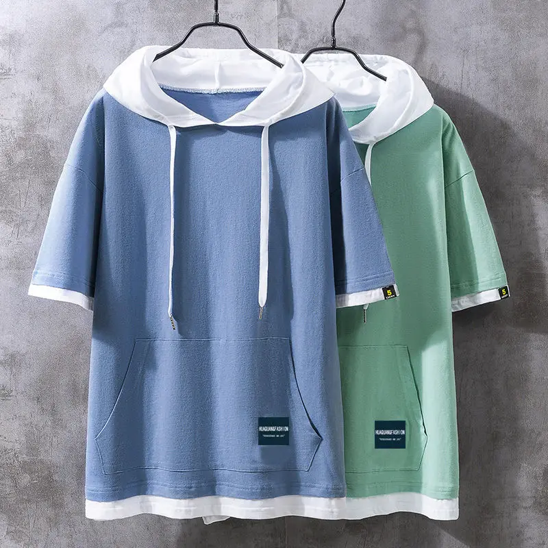 2024 Men Summer Half Sleeve T-shirt Casual Cotton Male Sport Loose Patchwork T-shirt Hoody Men High Street Men T-shirt