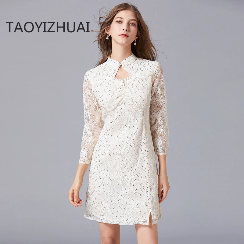 Taoyizhuai brand 2025 spring and Autumn New Retro sequins high waist celebrity style A-shaped lace dress women's new cheongsam