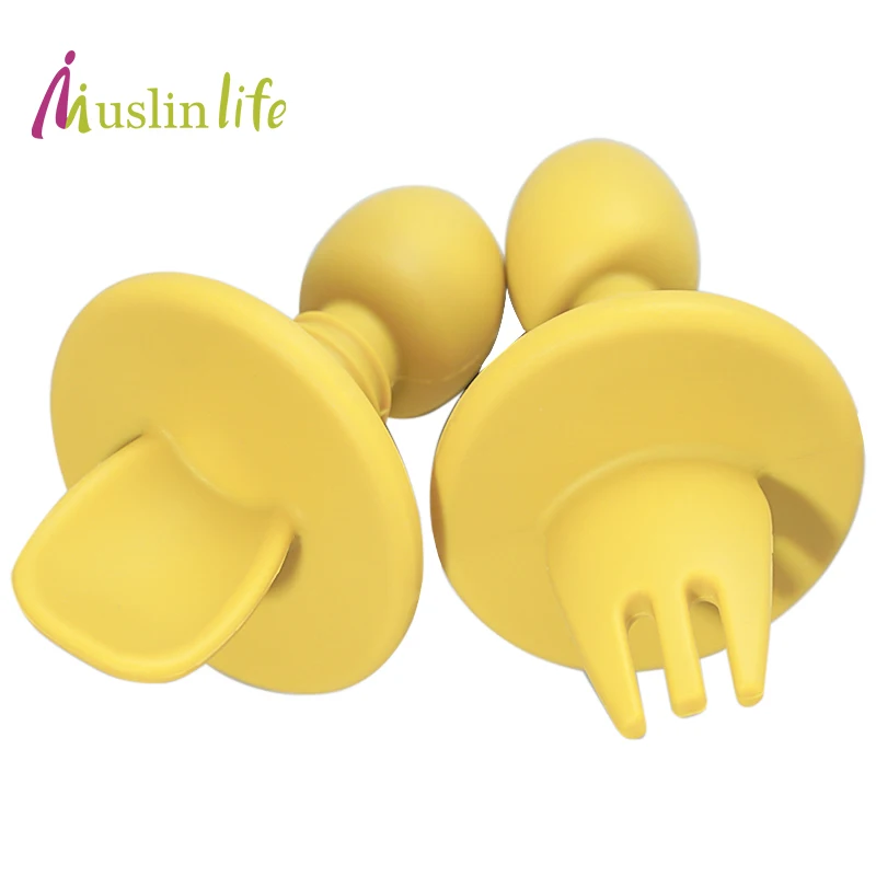 2pcs/lot Baby Training Fork Spoon Set Silicone Baby Feeding Spoon And Fork Set  Food Grade Newbornrn Accessories Teether