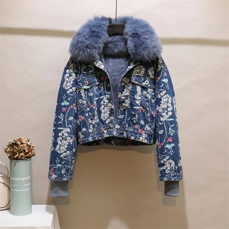 Natural Fox Fur Collar Real Rabbit Fur Liner Denim Jacket Women Winter New Warm Loose Short Embroidery Floral Jeans Coat Female