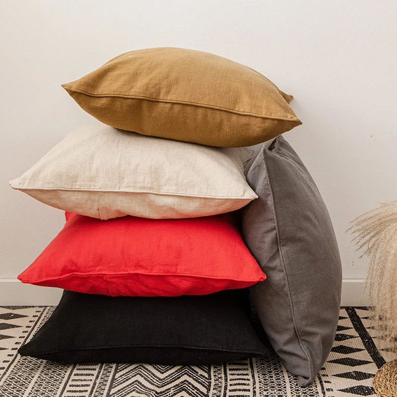 Solid Pillow Case Cotton Linen Cushion Cover 45x45cm/55x55cm Beige Black Red Grey Home Decorative Fringed For Bed Sofa Chair