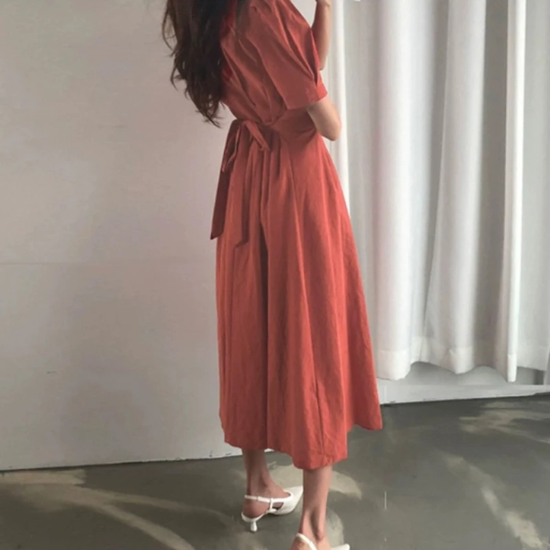 2023 Long Dresses Summer New Design Women FLHJLWOC Korean Japanese Style Cute Bow Tie Cotton Blend Red White Vintage Dress 4922