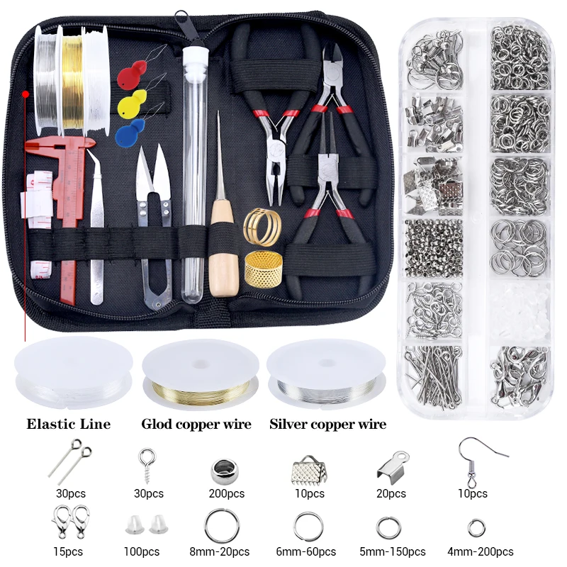 Schmuckherstellungszubehör-Set mit Schmuckwerkzeugen, offene Biegeringe, Karabinerverschlüsse, Quetschperlen, Ohrringhaken, Zubehör für Schmuck