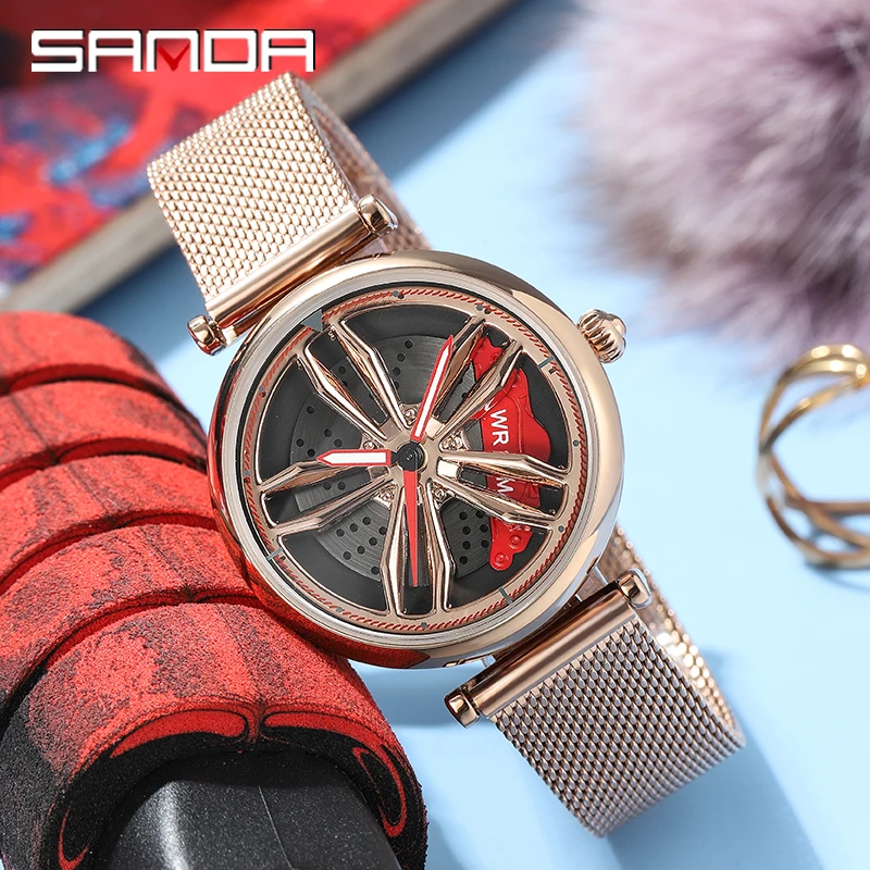 

Fashion Women Luxury 360 Rotating Wheel Dial Watch Women Leisure Sport Car Rim Hub Lady Rose Gold Stainless Quartz Wristwatch