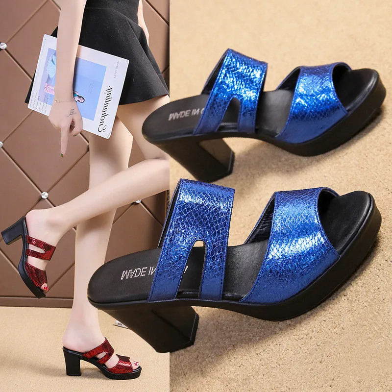 Fashion Women Summer Sandals Slippers Women Leather Sexy High Heel Black Open Toe Slip On Sandals Female Party Shoes