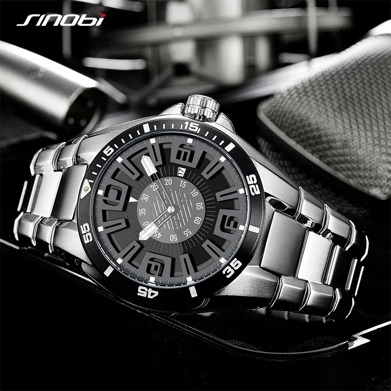 SINOBI Brand Sports Men\'s Watches 44mm Dial Luminous Calendar Waterproof Luxury Stainless Steel Strap Men\'s Quartz Wristwatch