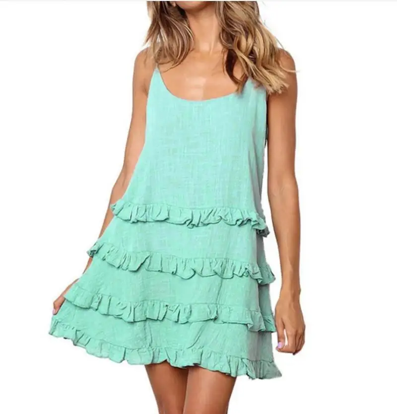 Summer women\'s dress casual sling lotus leaf lace stitching solid color beach pleated dress