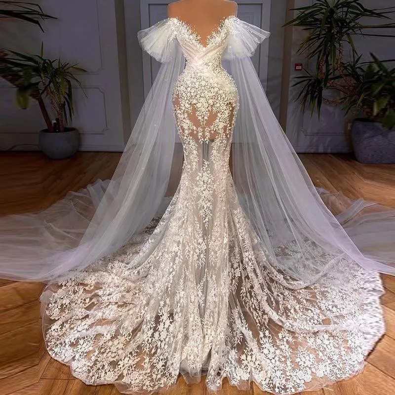 Xem Qua Mermaid Wedding Dresses Ren Appliques Sheer CỔ Với Bọc Bridal Gown Trang Phục Chính Thức Illusion Tulle Vestidos De Novia