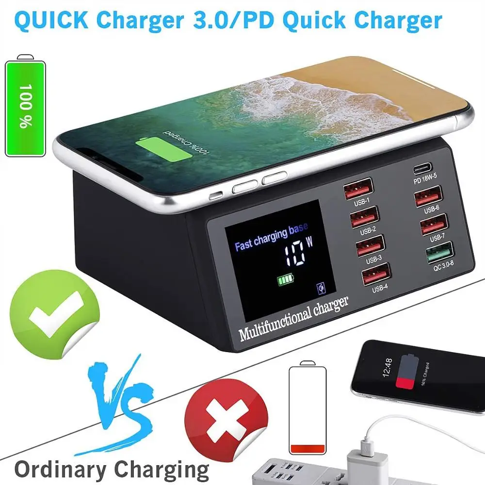 100W Multi USB Fast Charger Wireless For IPhone 12 11 Pro XR 8 Port Usb LCD Quick Charge Station 3.0 PD Charger For Samsung S10