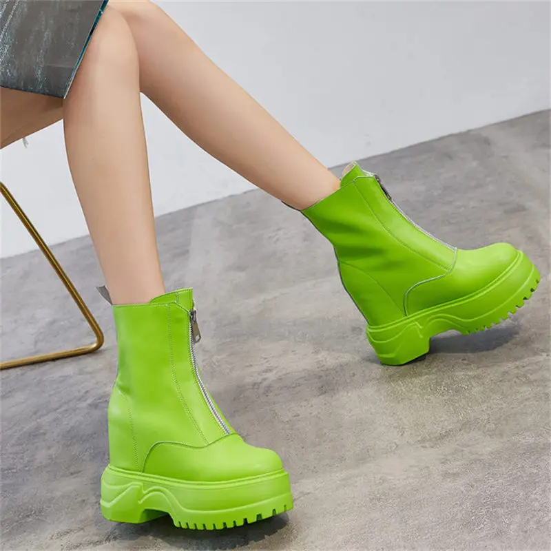 Women Cow Leather Round Toe Ankle Boots Platform Wedge High Heel Front Zip Military Combat Motorcycle Creepers Casual Shoes