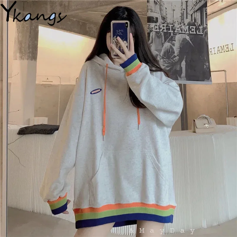 

Loose Rainbow Patchwork Korean Sweatshirt Women Pocket Long Sleeve Oversized Hoodies Harajuku Casual Winter Tops Pullover Female