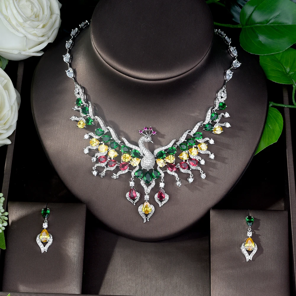 HIBRIDE Fashion Sparkling  Jewelry Sets for Women Romantic Peacock Shape Necklace Set  Bijoux Zircon Wedding Jewelry Sets N-187