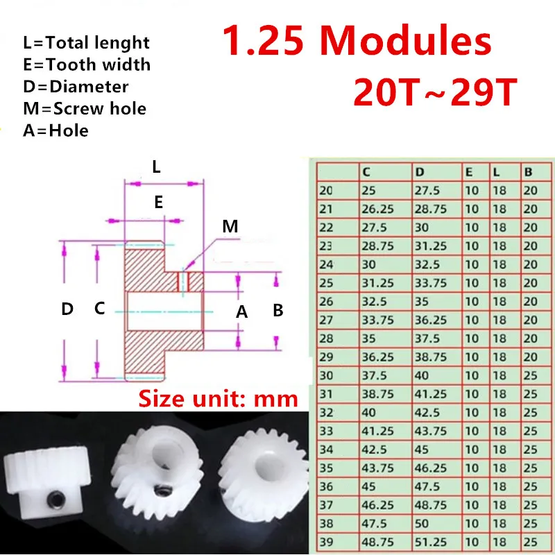 1pcs POM Gear 1.25 Modules 20T-29T Tooth Mould 0.8 Plasctic Gear Hole Diameter 4/5/6/6.35/7/8/9/10/11/12mm customized