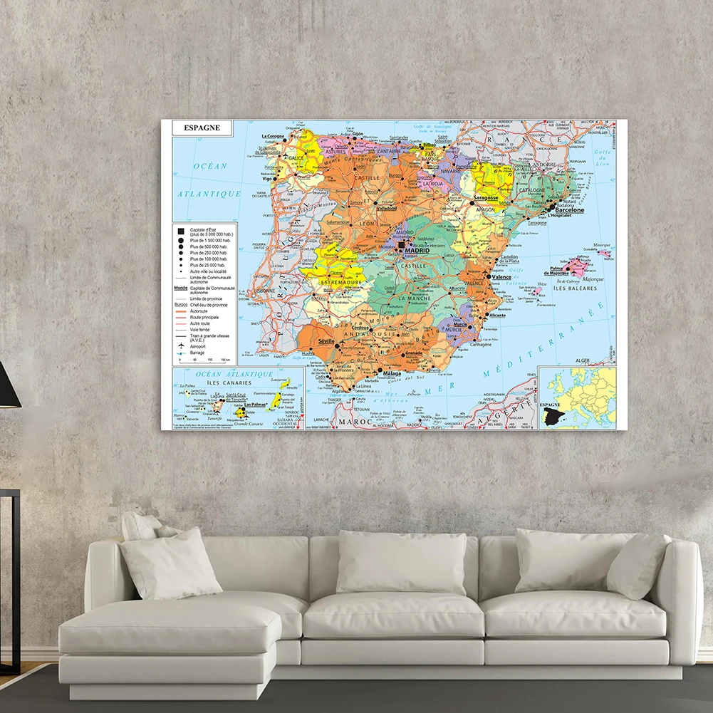 150*100cm The Spain Political Transportation Map In French Wall Art Poster Non-woven Canvas Painting School Supplies Home Decor