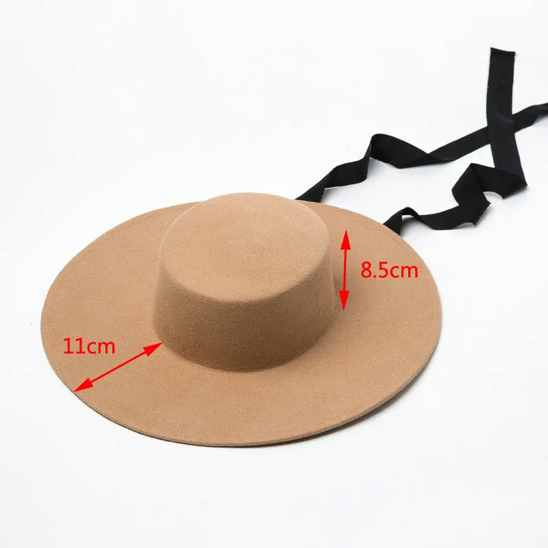 New 11cm Wide Brim Felt Hat Flat Top Winter Boater Hats for Women Ribbon Lace Up Hat Chin Strap Fashion Wool Hat Female Ourdoor