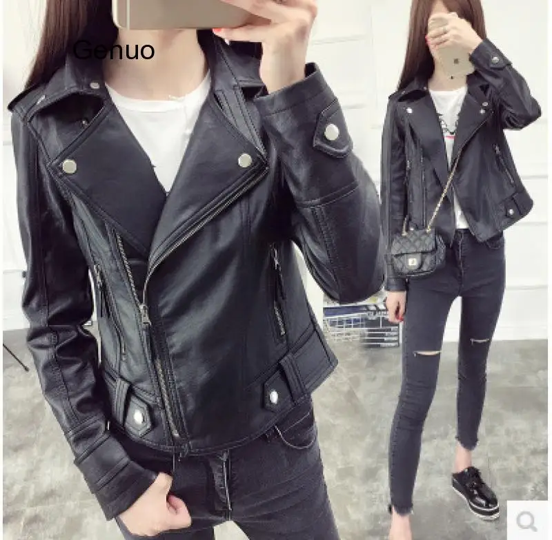 Women Motocycle Autumn Leather Jacket Black Turn-down Collar Female Pu Outwear Coat 2019 Classical Slim