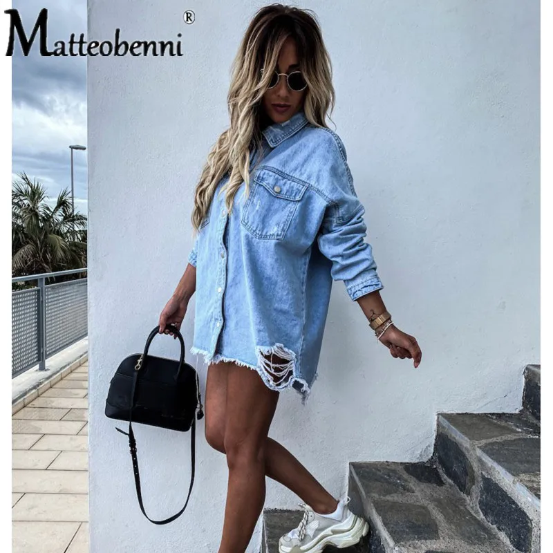 2021 Fall New Women\'s Long Sleeve Denim Shirt Fashion Ripped Mid-length Jeans Buttons Shirt Tops Boyfriend Loose Shirts