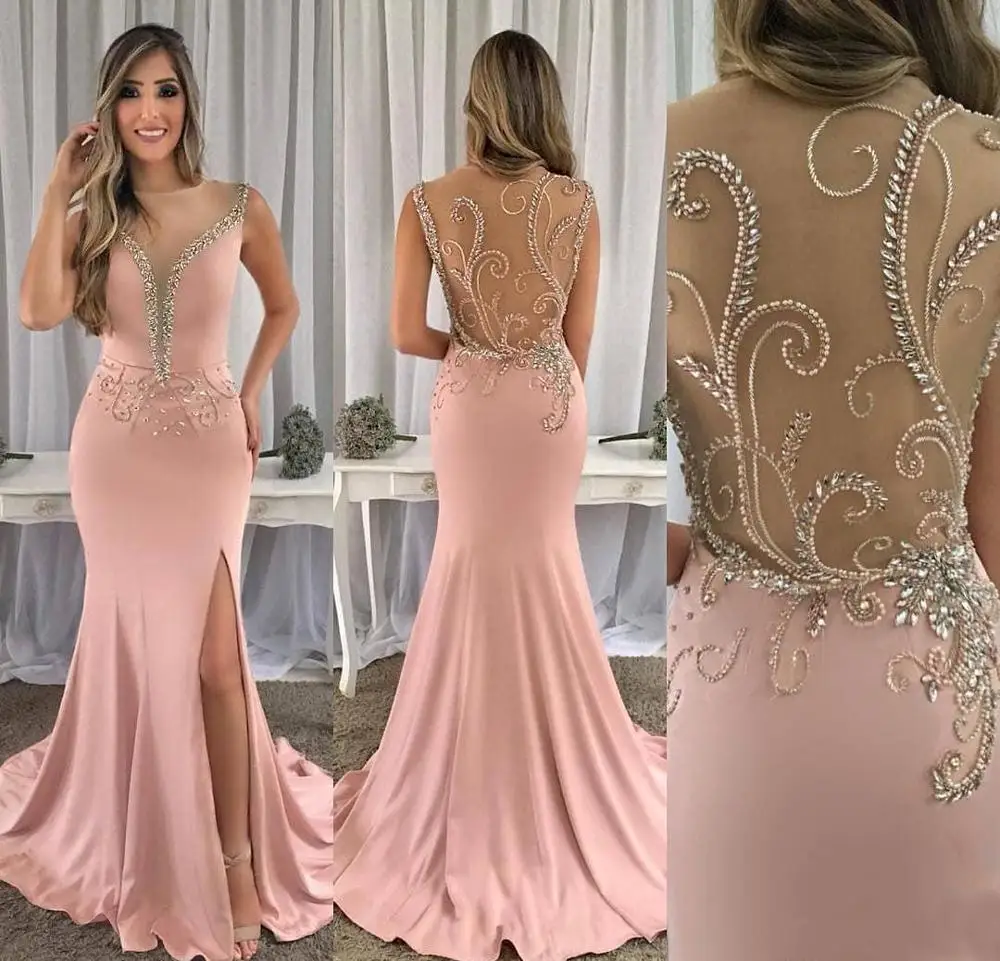 

Beaded NONE Train Formal Dresses Elastic Satin Prom Party Gown Sleeveless O-Neck Evening Dress Floor-Length Crystal Custom