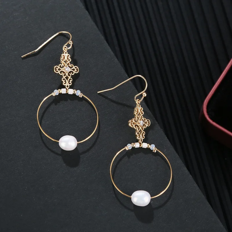 

Jewelry Women's Gift High Quality Zircon 18k Gold-plated Cross Geometric Round Handmade Beaded Charm Freshwater Pearl Earrings