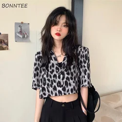 Shirt Women Leopard Chiffon Female Turn-down Collar Sexy Streetwear Fashion Casual Crop Top Short Sleeve Popular All-match Cool