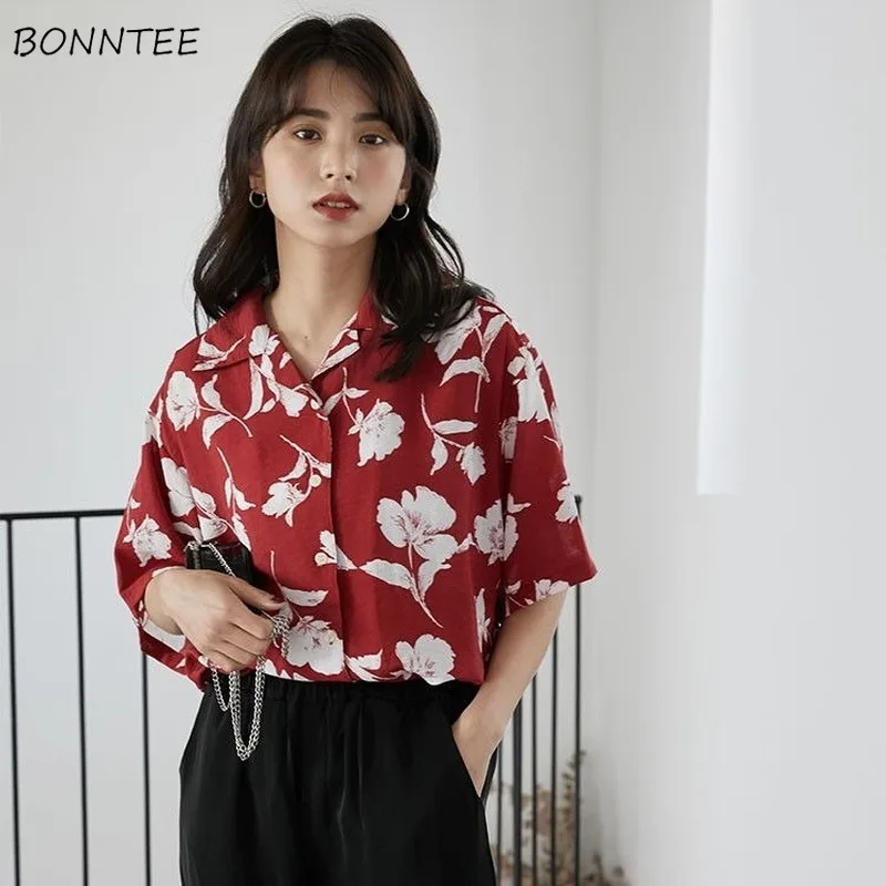 Blouses Women Harajuku Fresh Floral Korean Chic Turn-down Collar College Girls Blouse Design All-match Summer Trendy Ladies Tops