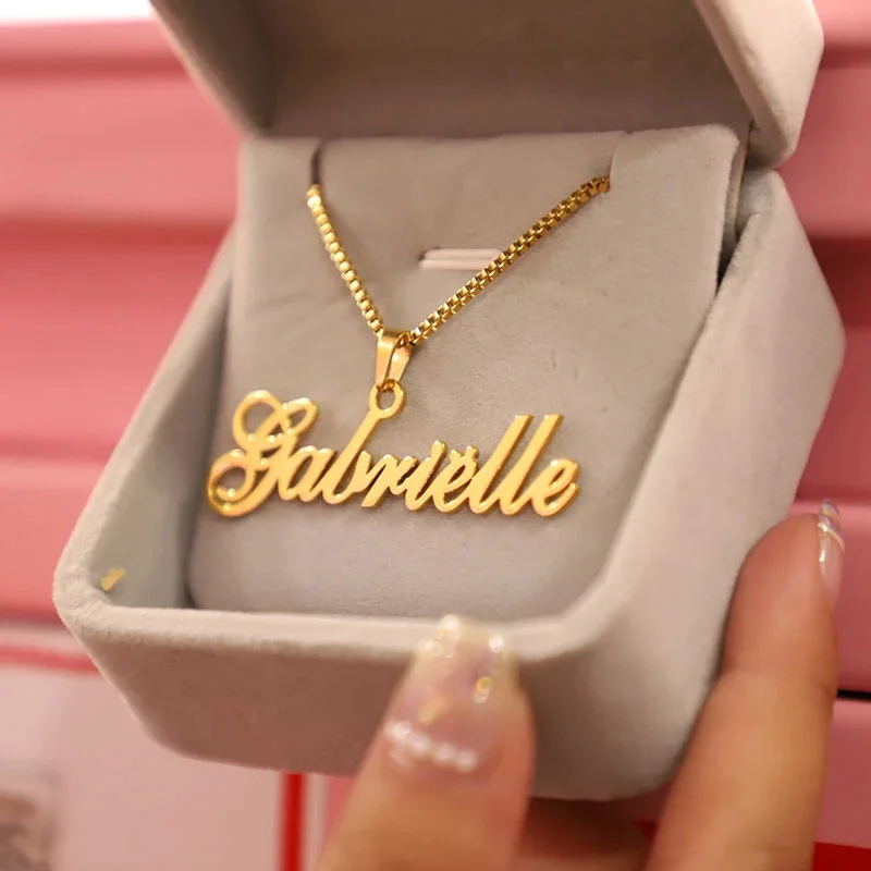 Personalized Box Chain Name Necklace Stainless Steel For Women Wedding Fashion Nameplate Pendant Necklace Jewelry BFF Femme