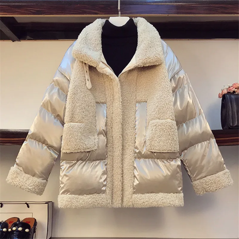 Winter Jacket Women Thick Warm Lambswool Spliced Fashion High Quality Down Jackets Short Parkas Female Casual Loose Cotton Coat