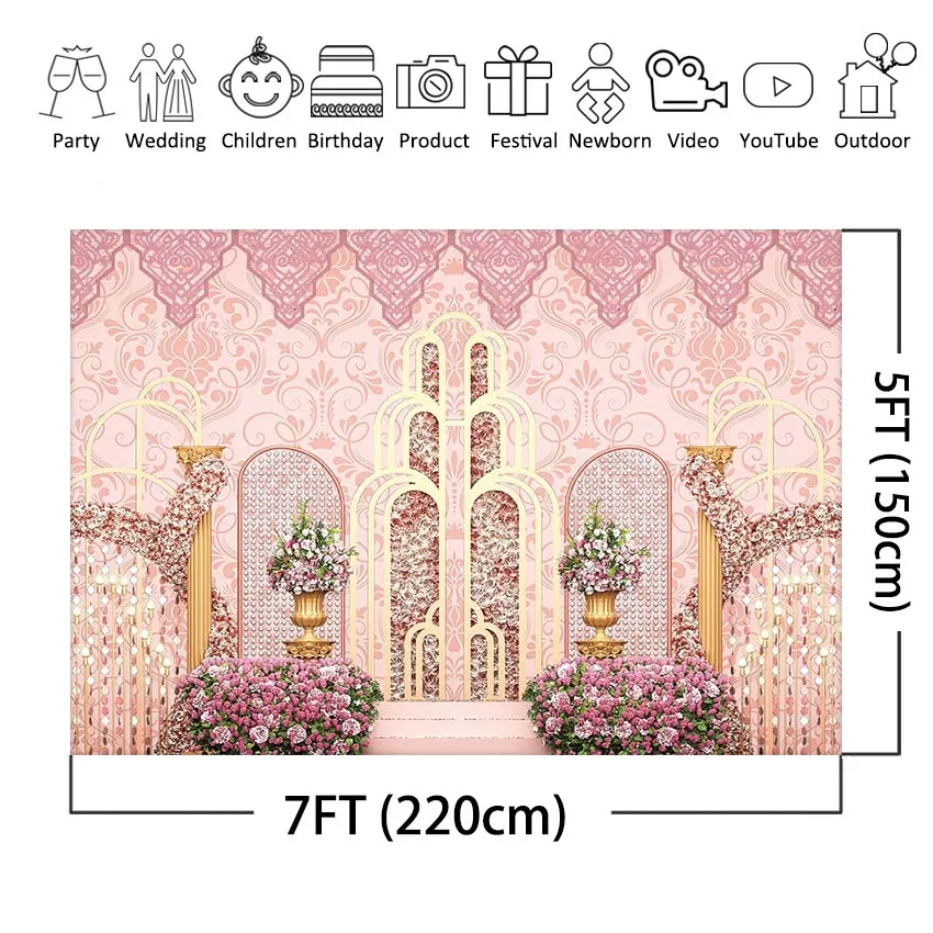 Fondo de fotografía de jardín de flores de belleza, decoración de fiesta de cumpleaños de Castillo de princesa rosa, fondo para estudio fotográfico