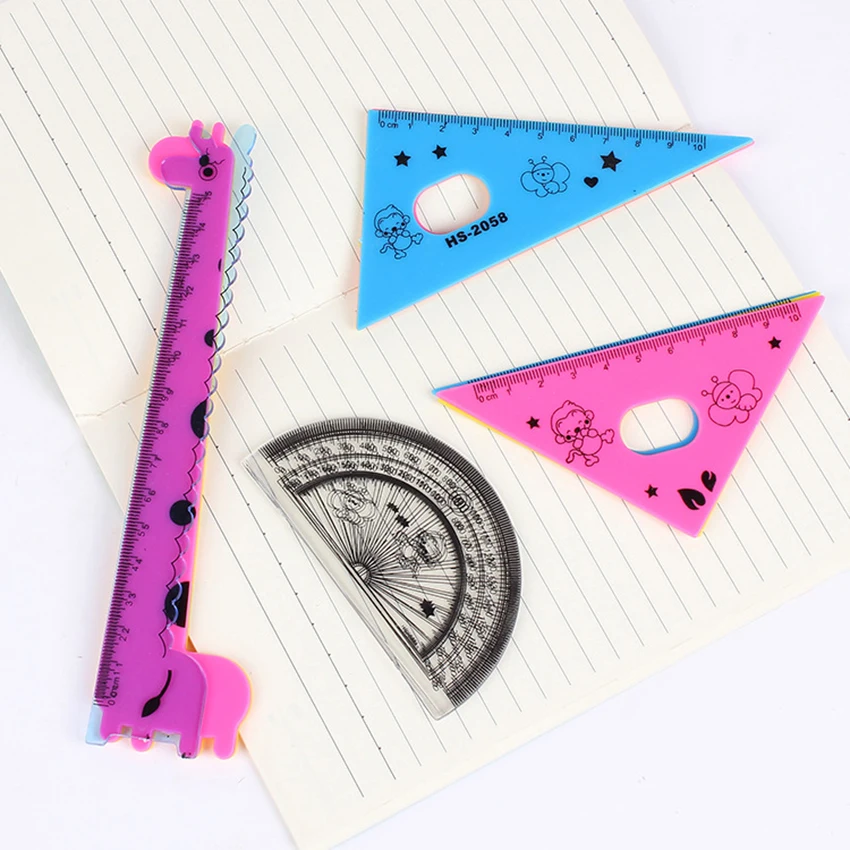 4pcs/set Kawaii Cartoon Straight Triangle Ruler Protractor Drafting Drawing Measuring Ruler School Office Supplies