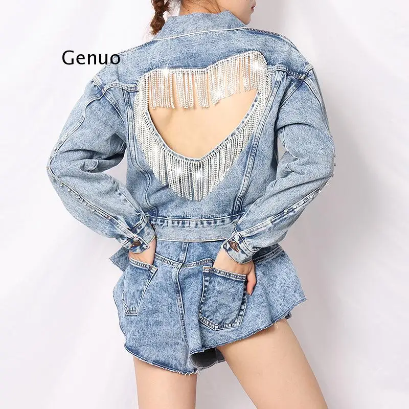 Patchwork Denim Coats for Women Lapel Collar Long Sleeve Tassel Hollow Out Jacket Female 2020 Autumn New Clothing