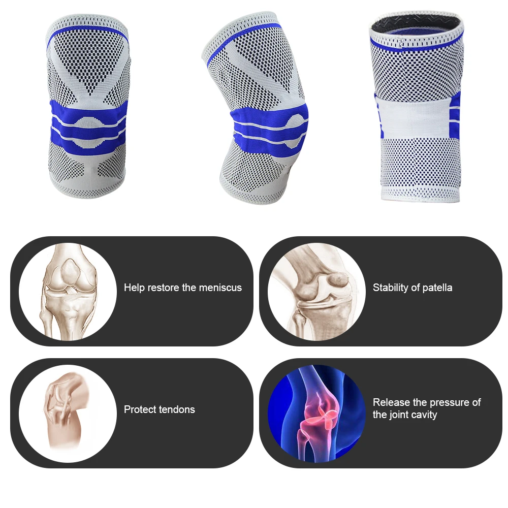 Joelho Suporte Compressão Manga com Estabilizadores Laterais e Silicone Patella Gel Pad, Menisco Lágrima, Artrite Jogging, Brace