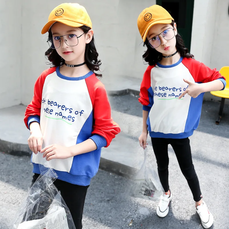 

2024 Girls Spring Autumn Clothes Fashion Kids Long Sleeve Cotton Color Stitching Pullover T-shirt for A Girl of 8 10 12 14 Years