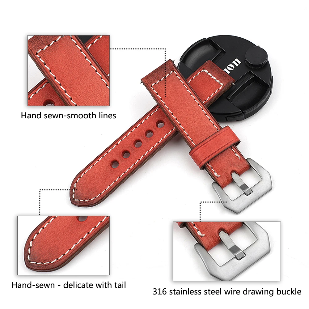 Onthelevel Vintage Genuine Leather Straps 20mm 22mm 24mm Handmade Stitching Replacement for Panerai Watch