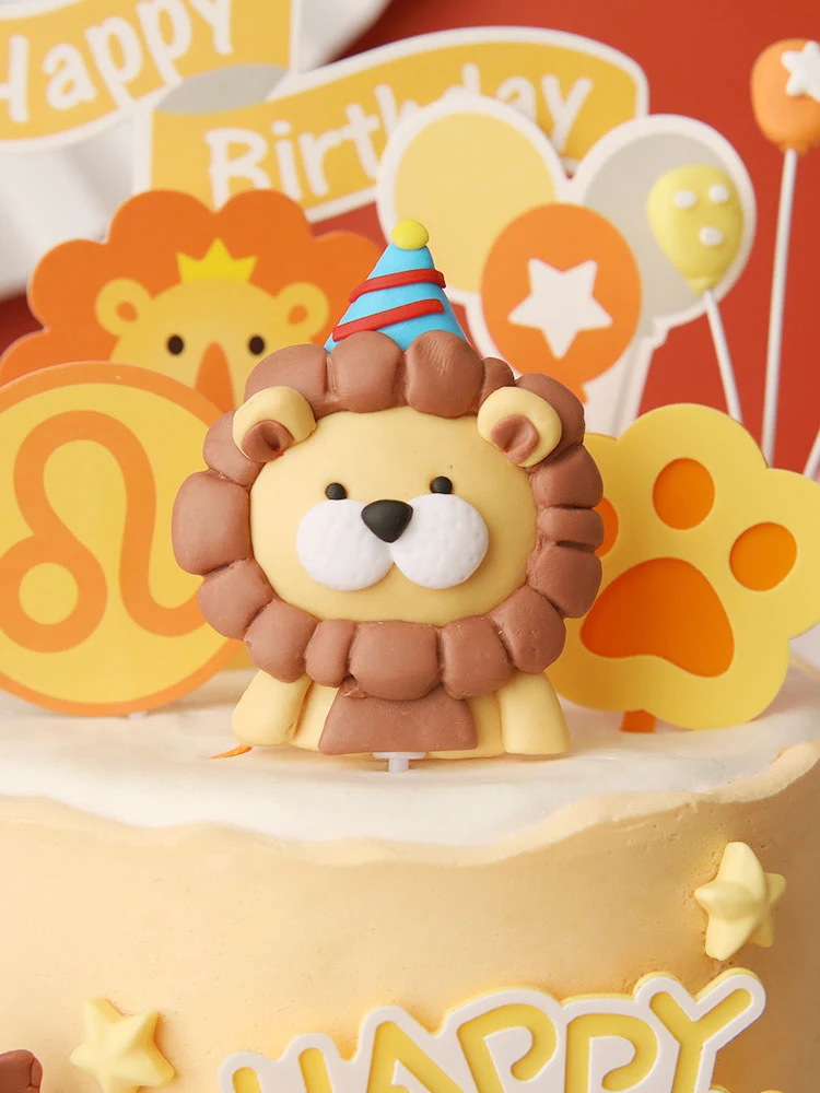 Woodland Amimals Happy Birthday Cake Toppers Yellow Cake Decor Forest Lion LEO Constellation Happy Birthday Party Decor Kids