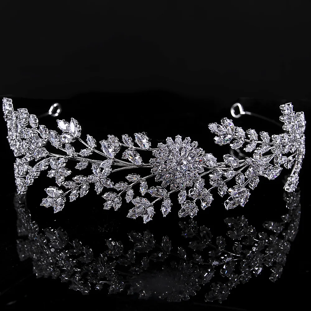 YCDZSWWL Crystal Sunflower and Branch Designer Crown Diadema Cubic Zirconia Headpieces Bride Tiaras Wedding Accessories