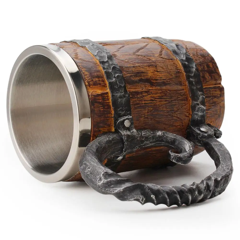 Original Viking Drinking Mug Simulation Wooden Barrel Beer Cup Double Stainless Steel Mug Gift Home Cup Wood Color