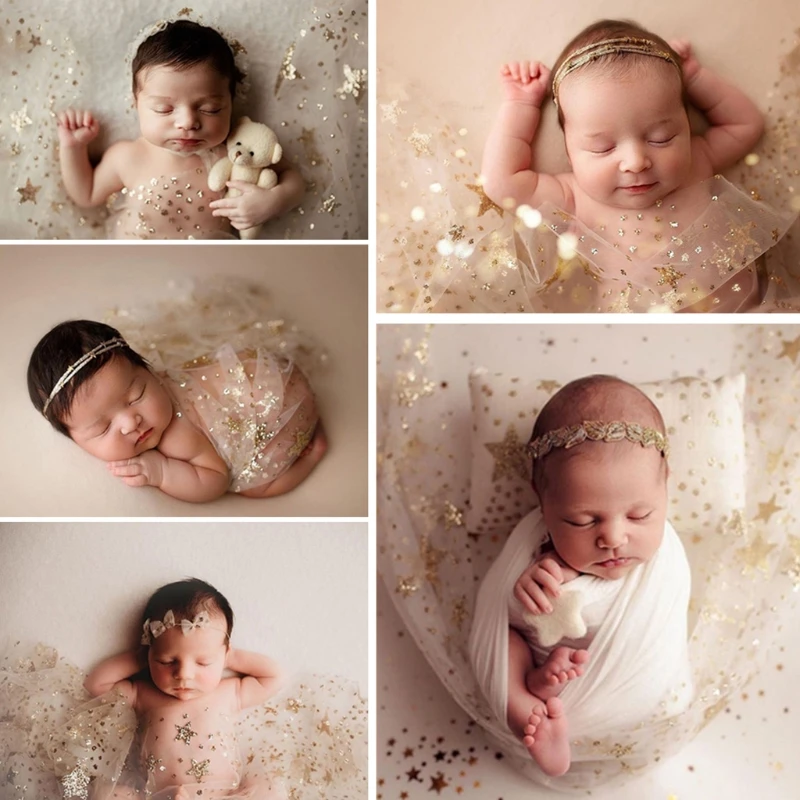 Newborn Photography Props Transparent Mesh Yarn Blanket Baby Starry Swaddling Wrap Infants Photo Shooting Backdrop