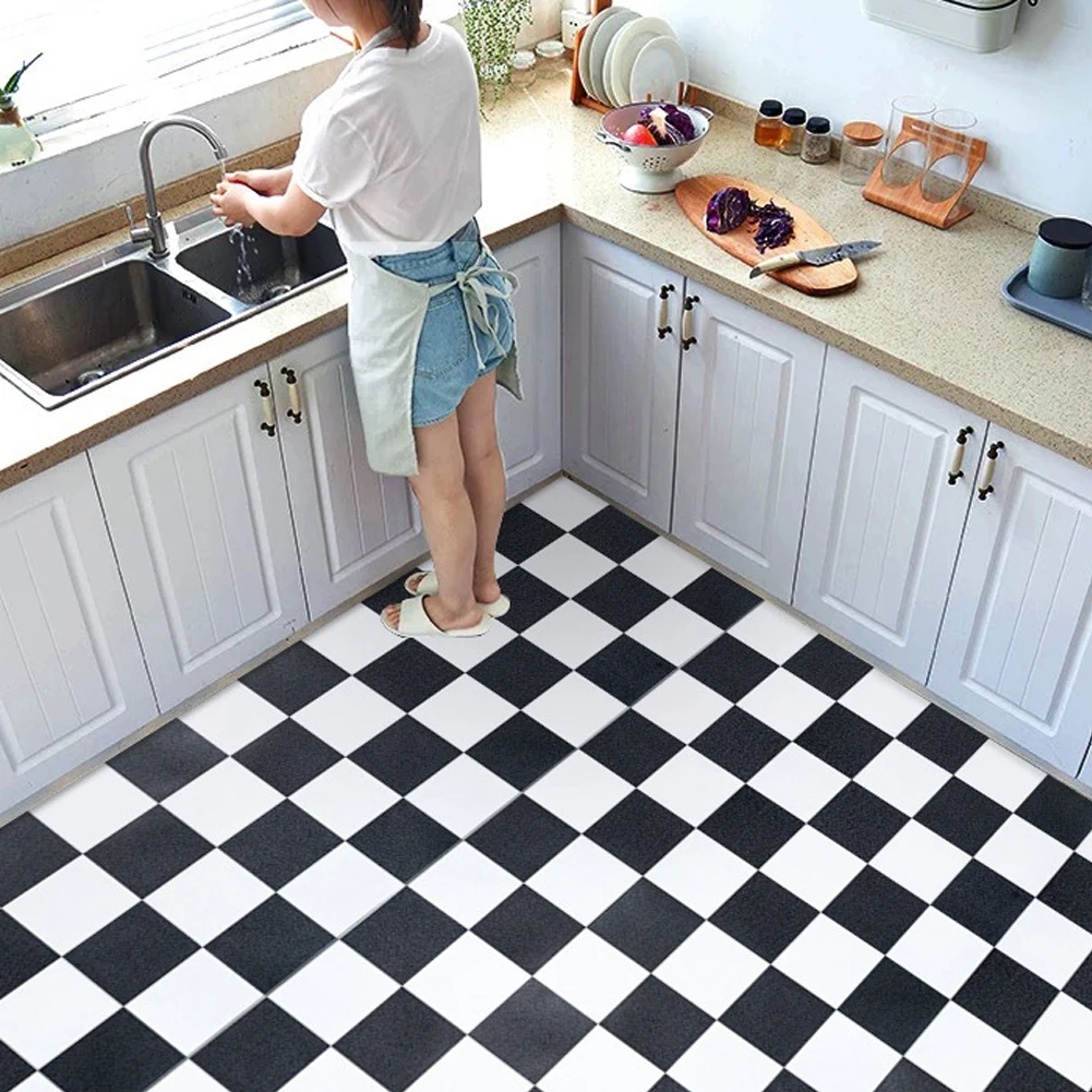 Modern Thick Self Adhesive Tiles Floor Stickers Checkered Pattern Bathroom Ground Wallpapers Black and White PVC Bedroom Decor