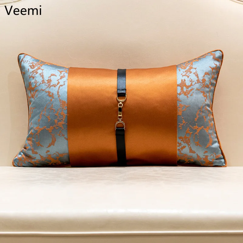 Modern Polyester Jacquard Orange Cushion Cover Waist Pillowcase Luxury Metal Buckle Splicing Design Decor for Living Room Sofa