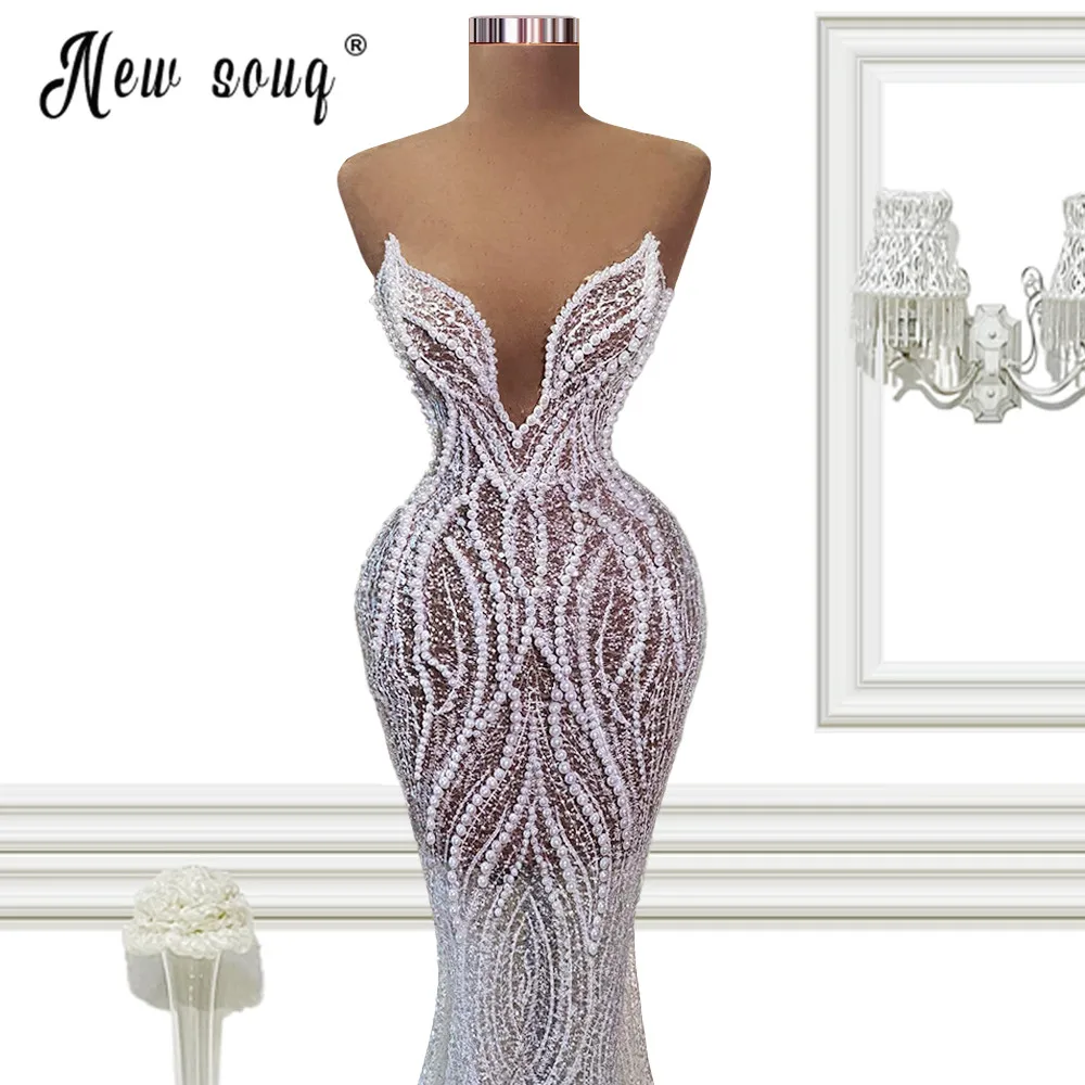 Elagant Deep V Neck Mermaid Beading Evening Dress Sparkly Pearls 2021 Prom Gown Formal Prom Long Robes Wedding Dress