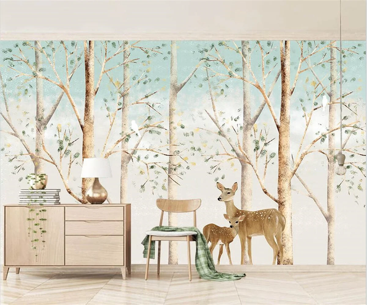 Customized children's room 3d wallpaper Nordic hand-painted elk woods modern TV background wall 3d wallpaper