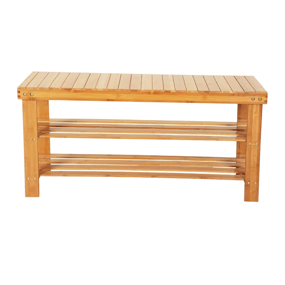 Shoes Changing Stool Shoe Rack Shelf Stand 90CM Bamboo Strip Pattern 3 Tiers Wood Color[US-Stock]