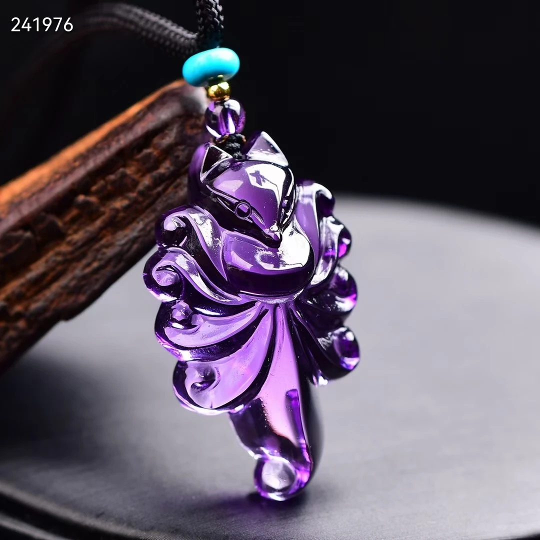 Natural Purple Amethyst Quartz 9 Tails Fox Pendant 38.8*23*12mm Women Amethyst Fox Necklace Jewelry AAAAA