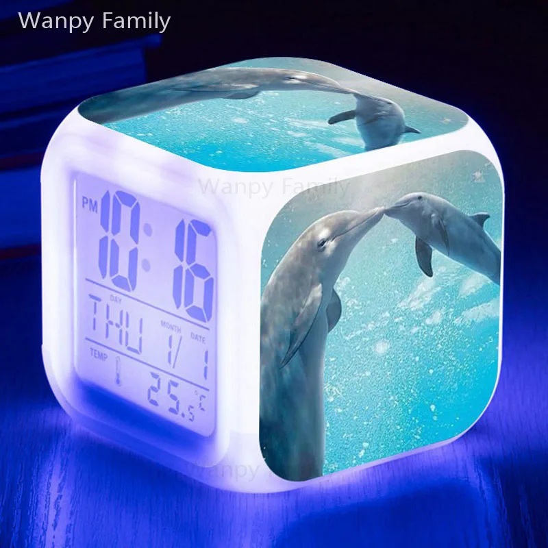 Cute Dolphins LED Alarm Clock Digital LED Clocks Reloj Despertador Customized Pattern Reveil Enfant Watches Night Lights Clock