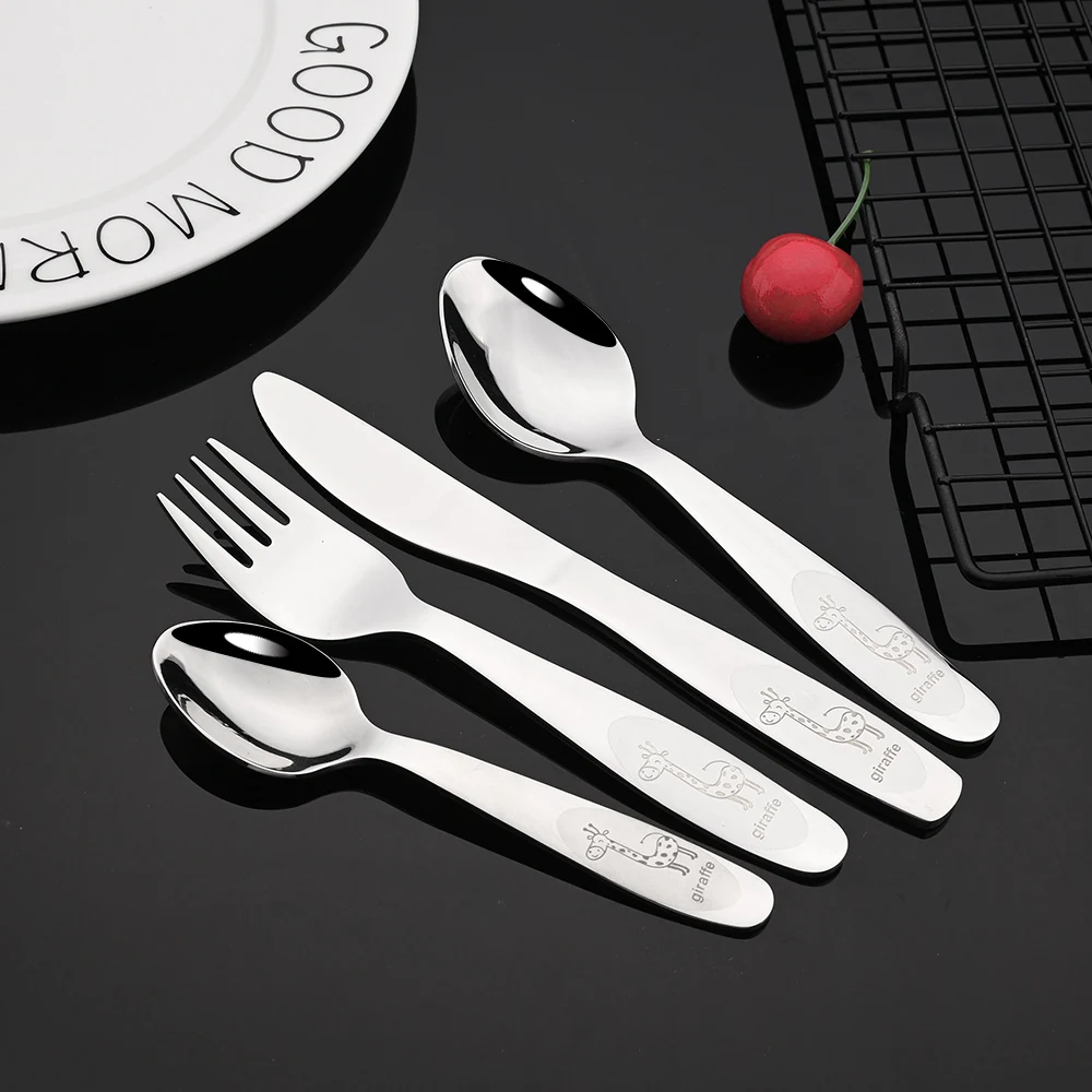 Cute Deer 304 Stainless Steel Flatware Children Cutlery Western Style Fork Spoon Knife Teaspoon Set Baby Feeding Safe Tableware