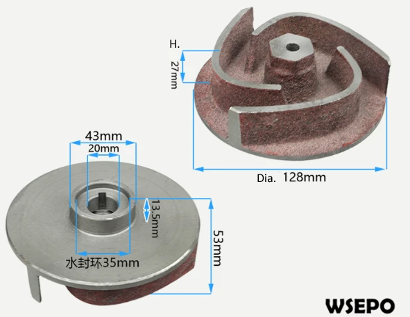 

Iron Impeller with 20mm dia. Total height 53mm fits for 4 In. Water Pump with 20mm keyed sraight output shaft