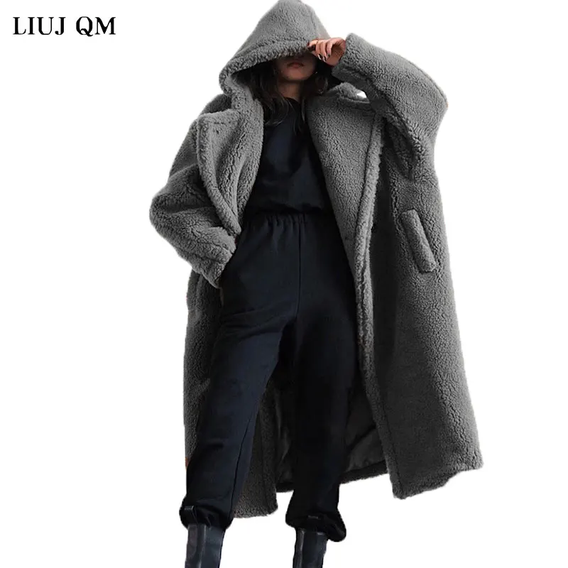 Teddy Bear Coat Winter Clothes For Women 2023 Black Belted Wool Coat Hooded Long Parkas Female Warm Oversized Jacket Fur Coats