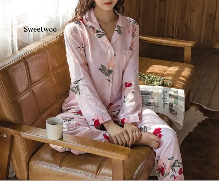 Cotton Pajamas Floral Long Sleeve Pajamas Women Print Sexy Top  Pajama Beauty Lounge Wear Home Clothes Sleep Set